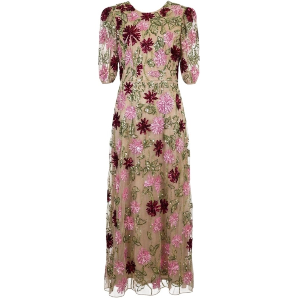 Mac Duggal Floral Beaded Sequin Mesh Puff Sleeve Gown Maxi Dress Womens 8 NEW